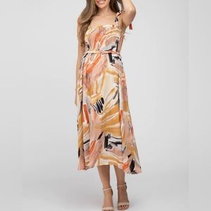 Multi-Colored Stroke Print Smocked Tie Strap Maternity Midi Dress Large